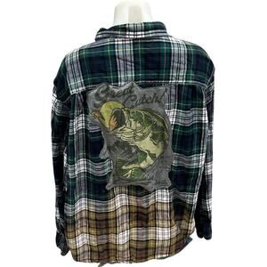 Fishing Plaid Flannel Shirt XXL Oversized Camping Upcycled Unique Fisherman Gift